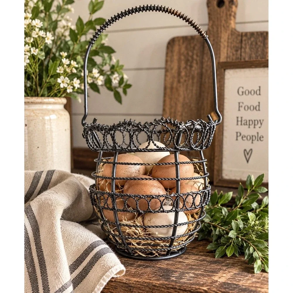 VTG Primitive Wire Egg Basket Twisted Metal Farmhouse Gathering Basket Handle